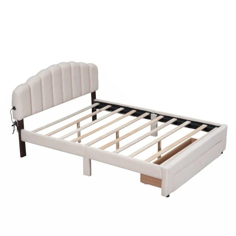 Teddy Fleece Queen Platform Bed with Drawer – Beige / Grey / White, Sleeps 2