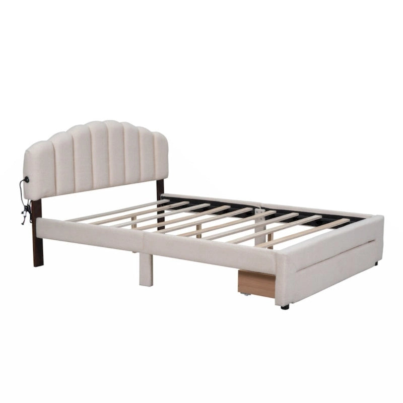Teddy Fleece Queen Platform Bed with Drawer – Beige / Grey / White, Sleeps 2