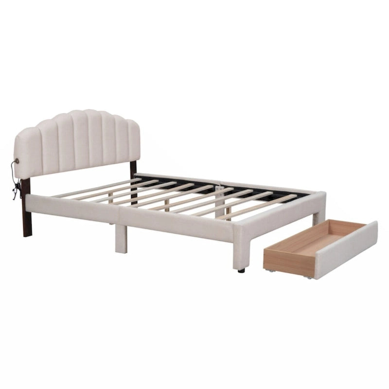 Teddy Fleece Queen Platform Bed with Drawer – Beige / Grey / White, Sleeps 2