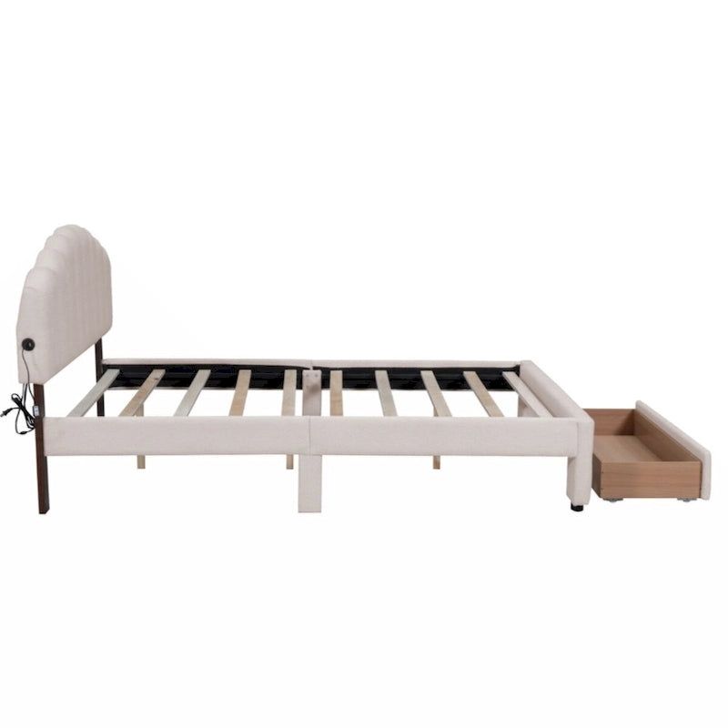 Teddy Fleece Queen Platform Bed with Drawer – Beige / Grey / White, Sleeps 2