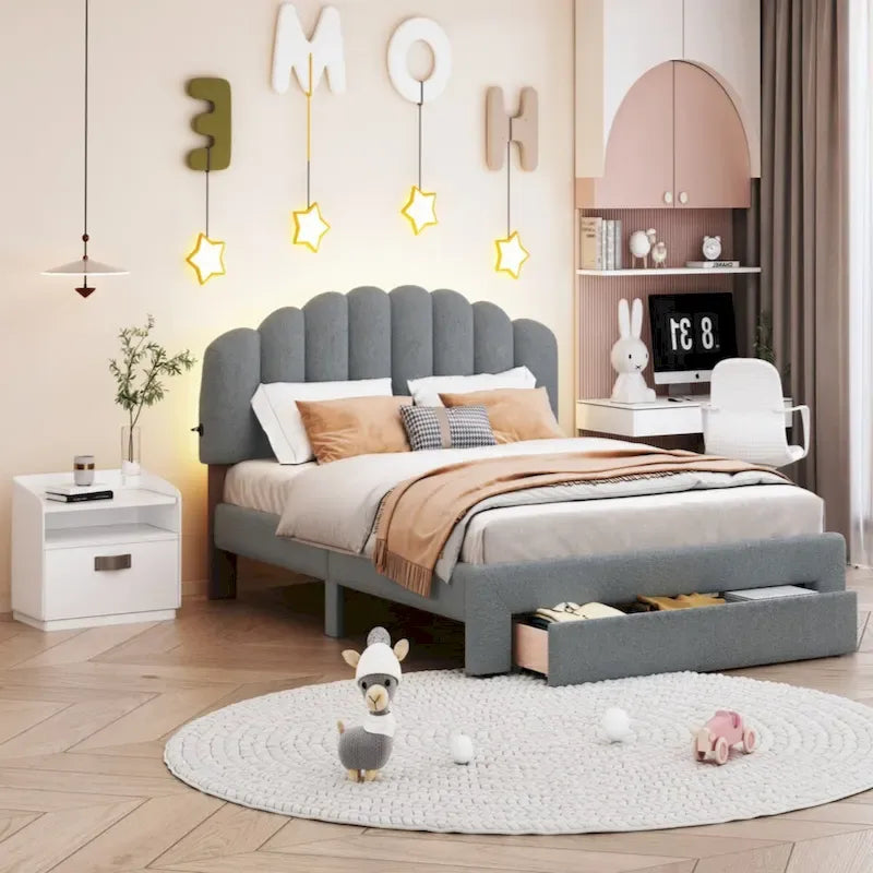 Teddy Fleece Queen Platform Bed with Drawer – Beige / Grey / White, Sleeps 2