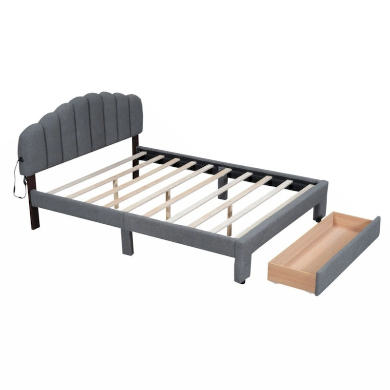 Teddy Fleece Queen Platform Bed with Drawer – Beige / Grey / White, Sleeps 2