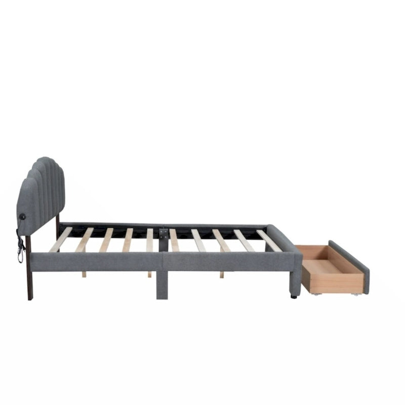 Teddy Fleece Queen Platform Bed with Drawer – Beige / Grey / White, Sleeps 2