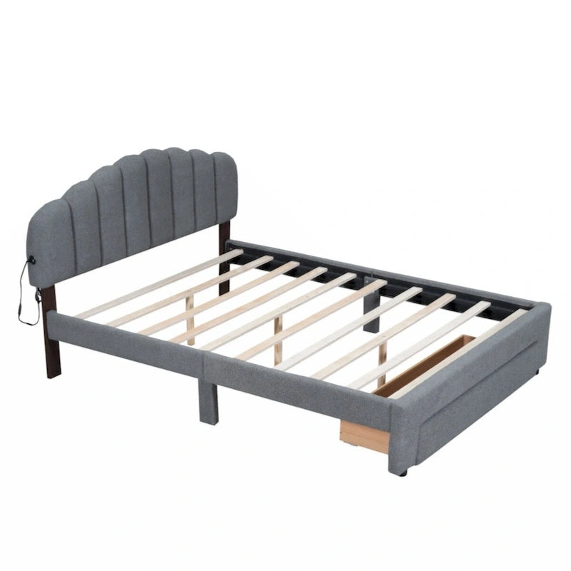 Teddy Fleece Queen Platform Bed with Drawer – Beige / Grey / White, Sleeps 2
