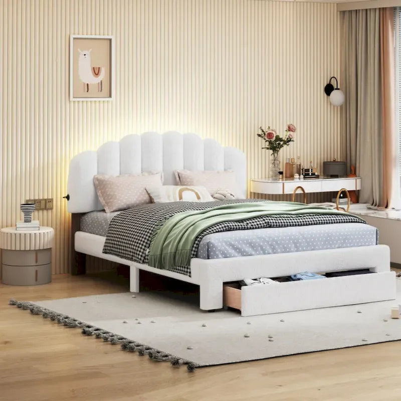 Teddy Fleece Queen Platform Bed with Drawer – Beige / Grey / White, Sleeps 2