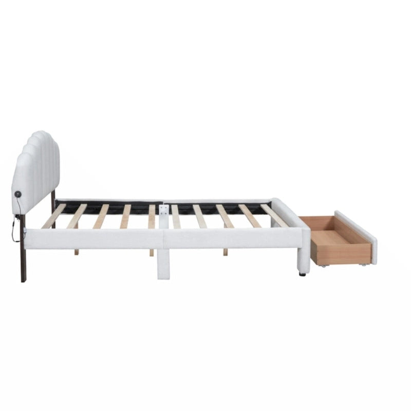 Teddy Fleece Queen Platform Bed with Drawer – Beige / Grey / White, Sleeps 2