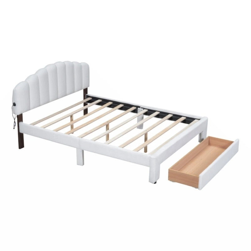 Teddy Fleece Queen Platform Bed with Drawer – Beige / Grey / White, Sleeps 2