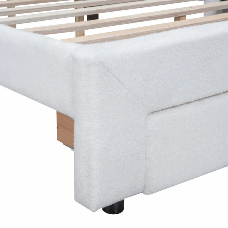 Teddy Fleece Queen Platform Bed with Drawer – Beige / Grey / White, Sleeps 2