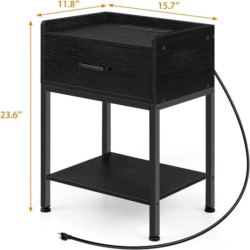 Nightstand with Charging Station – Grey/White/Brown/Black, Retro Style, 1-Person