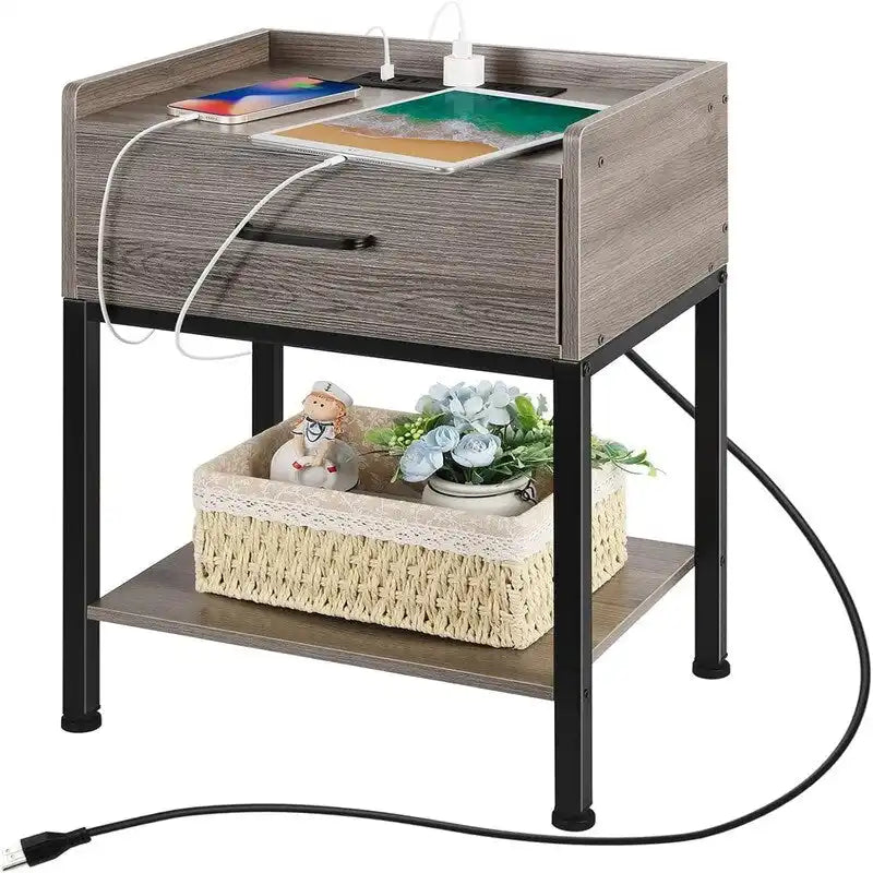 Nightstand with Charging Station – Grey/White/Brown/Black, Retro Style, 1-Person