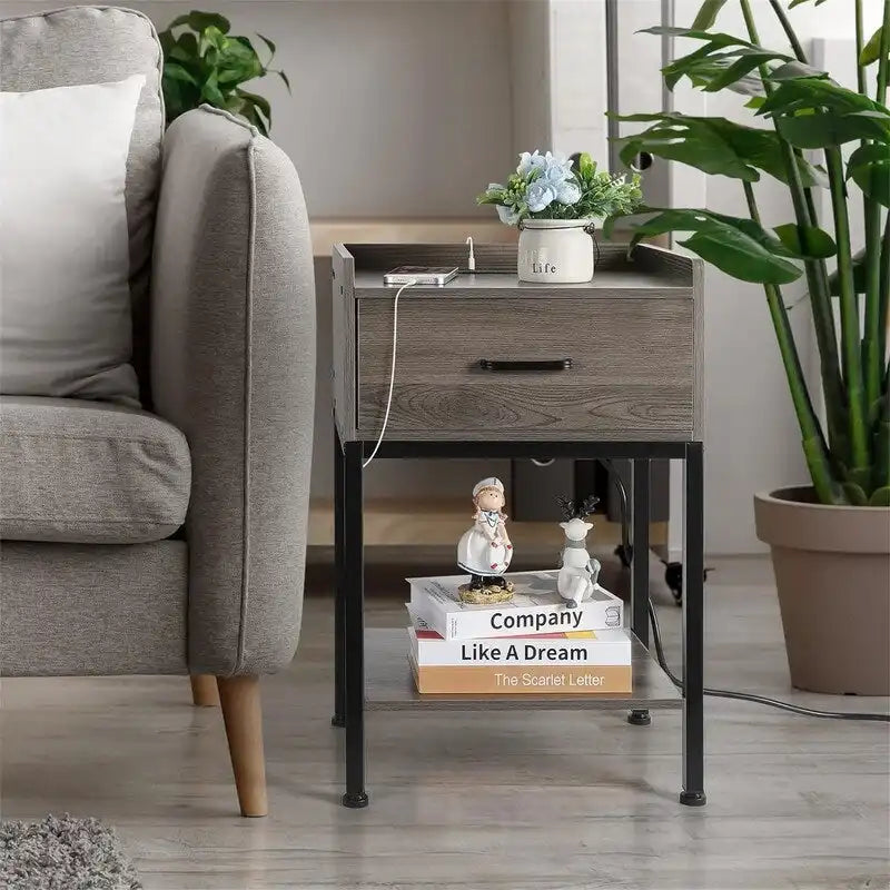 Nightstand with Charging Station – Grey/White/Brown/Black, Retro Style, 1-Person