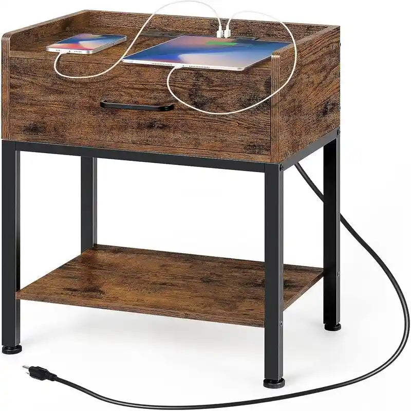 Nightstand with Charging Station – Grey/White/Brown/Black, Retro Style, 1-Person