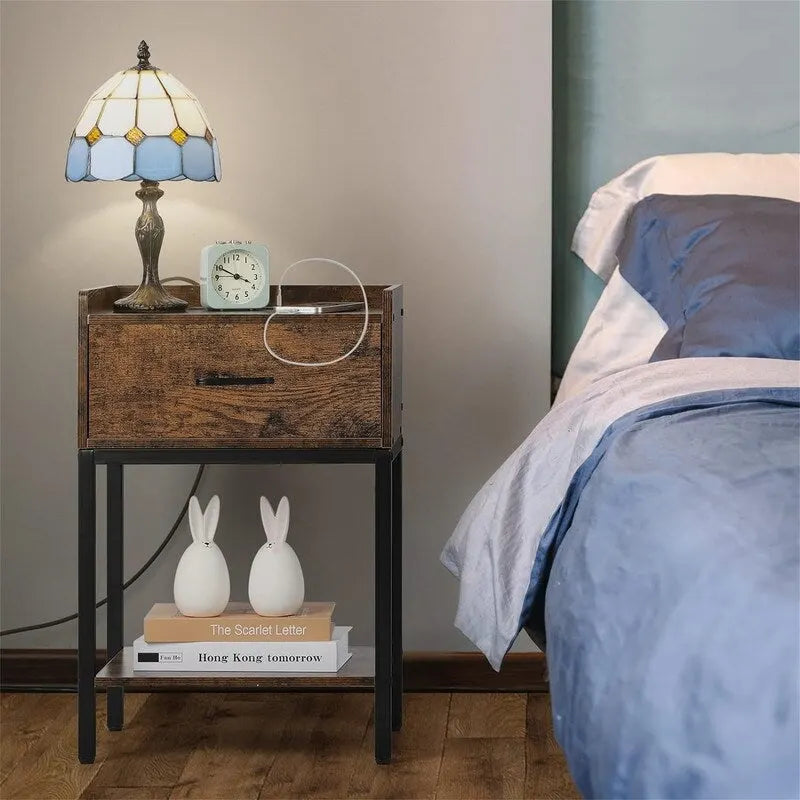 Nightstand with Charging Station – Grey/White/Brown/Black, Retro Style, 1-Person