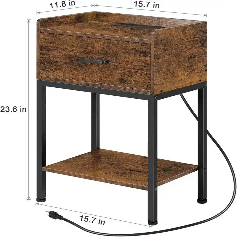 Nightstand with Charging Station – Grey/White/Brown/Black, Retro Style, 1-Person