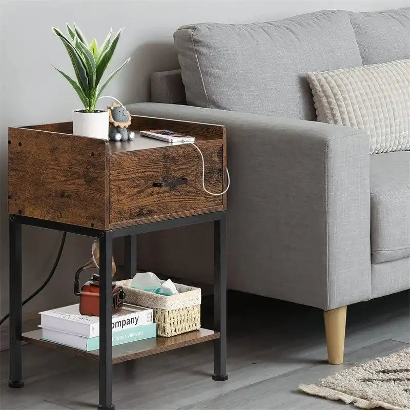 Nightstand with Charging Station – Grey/White/Brown/Black, Retro Style, 1-Person