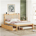 Walnut/White Rattan Headboard Storage Bed with LED & USB, Queen/Full, 2-Person