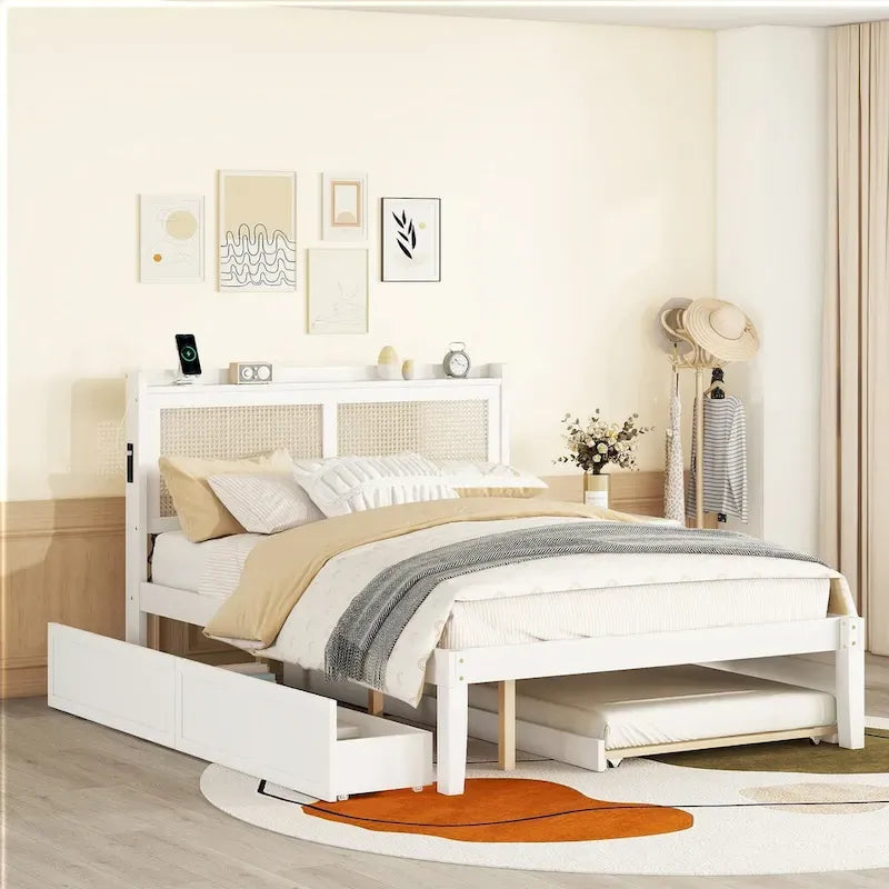 Walnut/White Rattan Headboard Storage Bed with LED & USB, Queen/Full, 2-Person