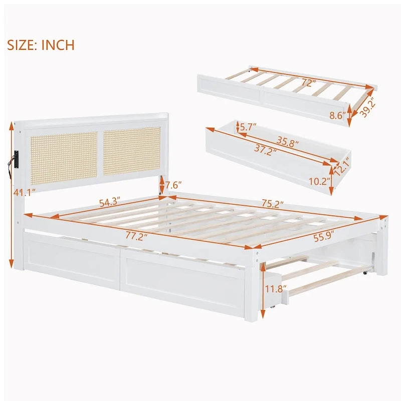 Walnut/White Rattan Headboard Storage Bed with LED & USB, Queen/Full, 2-Person