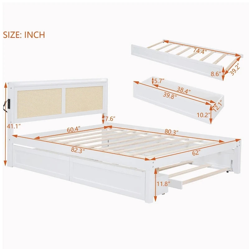 Walnut/White Rattan Headboard Storage Bed with LED & USB, Queen/Full, 2-Person