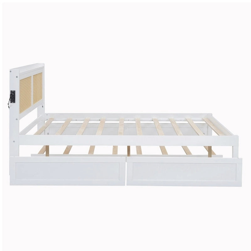 Walnut/White Rattan Headboard Storage Bed with LED & USB, Queen/Full, 2-Person