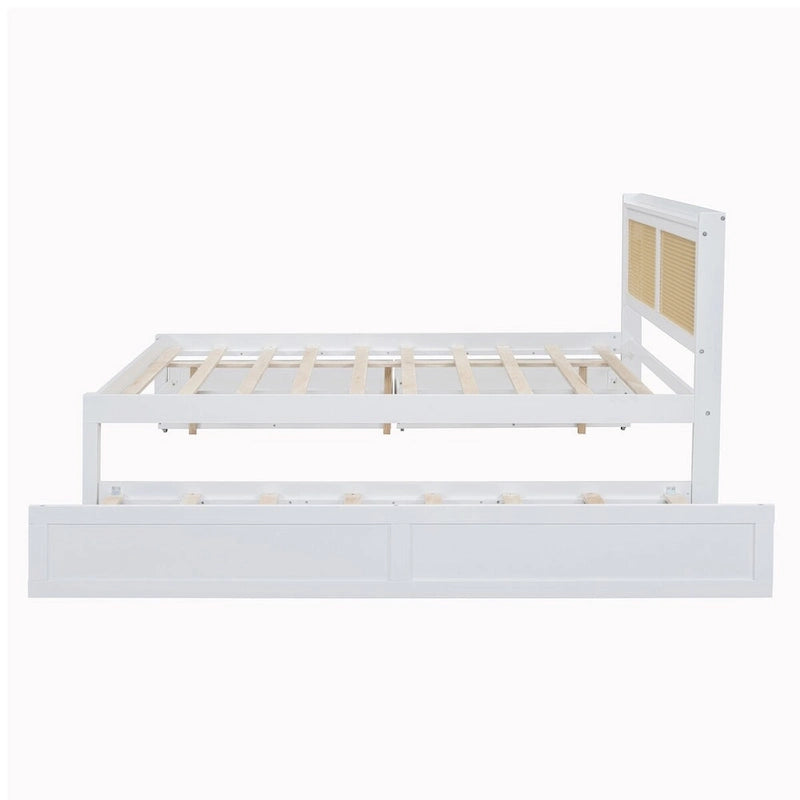 Walnut/White Rattan Headboard Storage Bed with LED & USB, Queen/Full, 2-Person