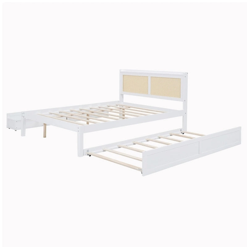 Walnut/White Rattan Headboard Storage Bed with LED & USB, Queen/Full, 2-Person