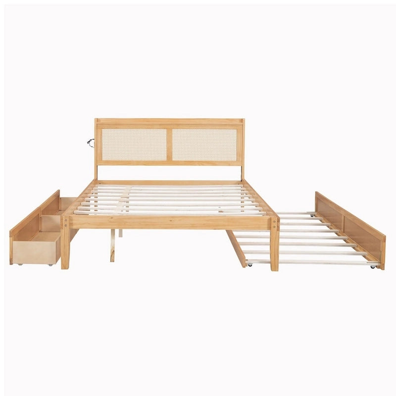 Walnut/White Rattan Headboard Storage Bed with LED & USB, Queen/Full, 2-Person