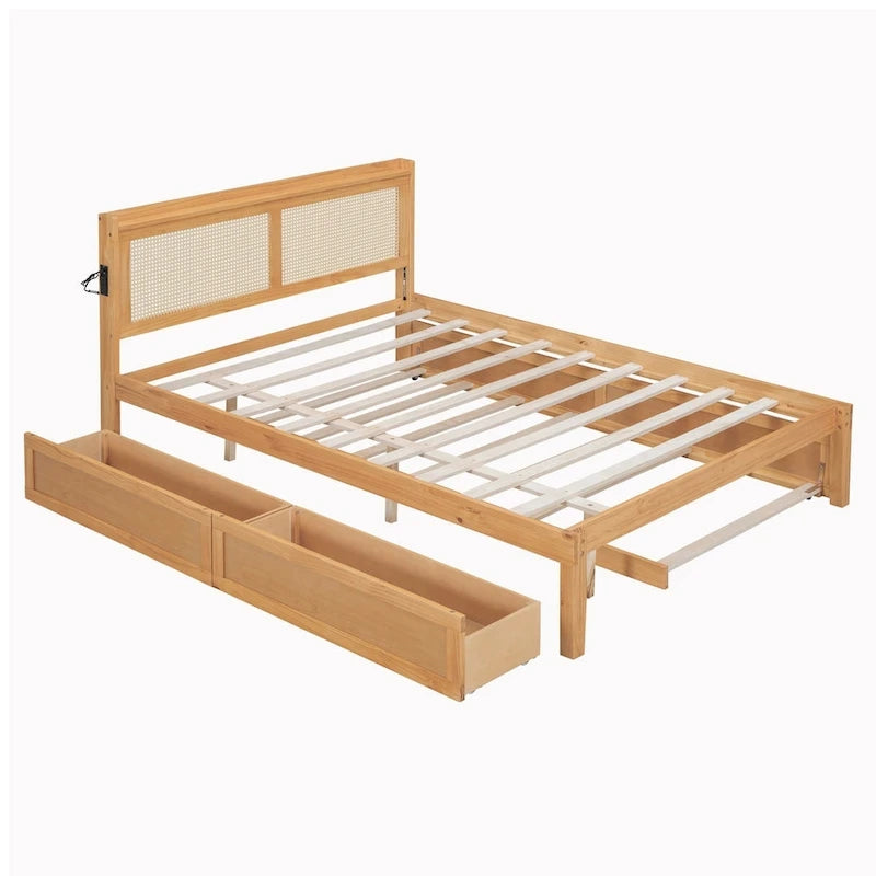 Walnut/White Rattan Headboard Storage Bed with LED & USB, Queen/Full, 2-Person