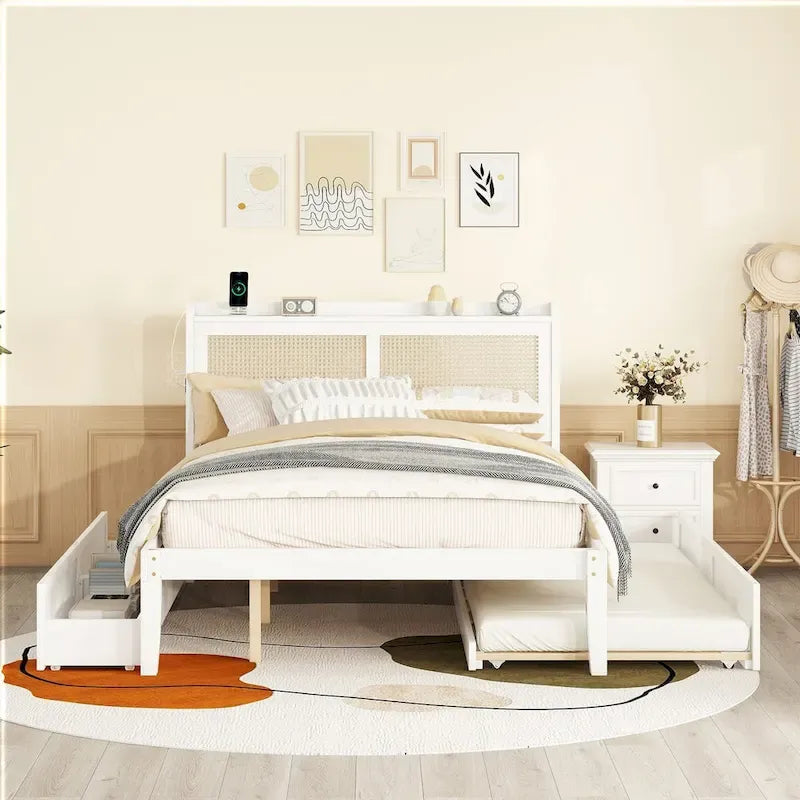 Walnut/White Rattan Headboard Storage Bed with LED & USB, Queen/Full, 2-Person