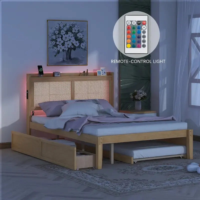 Walnut/White Rattan Headboard Storage Bed with LED & USB, Queen/Full, 2-Person