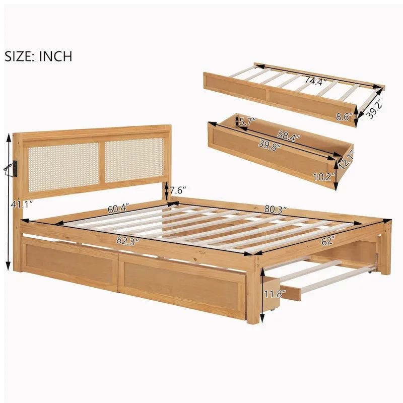 Walnut/White Rattan Headboard Storage Bed with LED & USB, Queen/Full, 2-Person