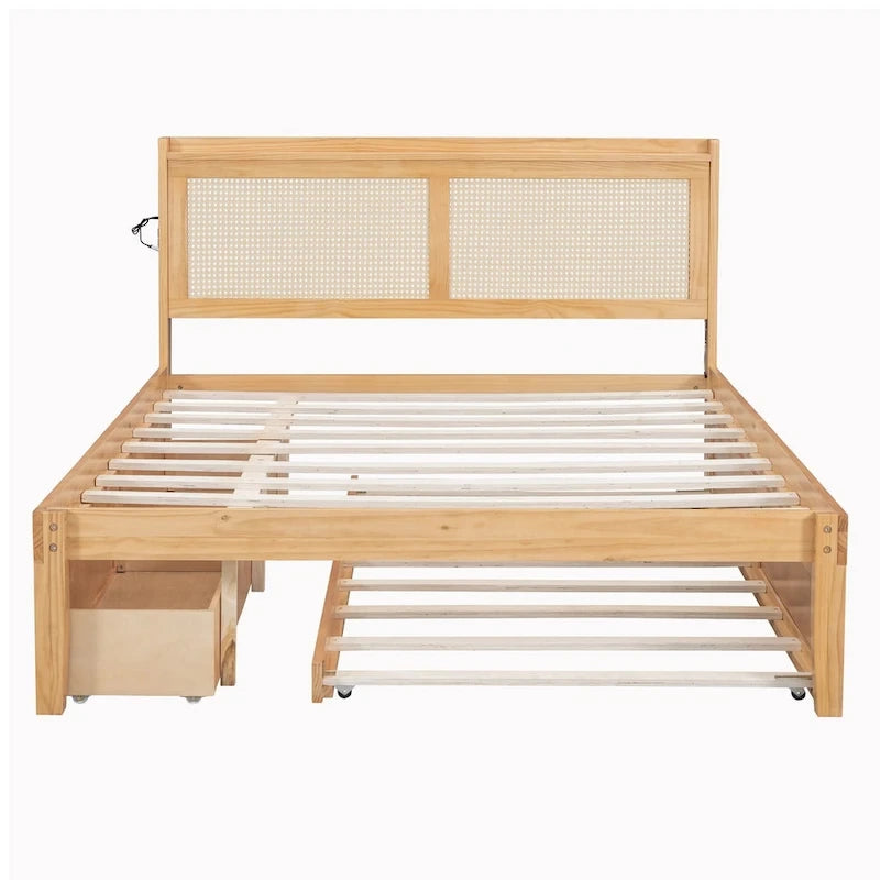 Walnut/White Rattan Headboard Storage Bed with LED & USB, Queen/Full, 2-Person