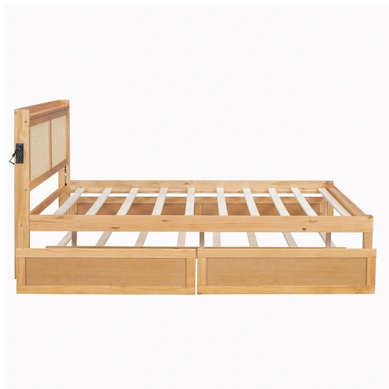 Walnut/White Rattan Headboard Storage Bed with LED & USB, Queen/Full, 2-Person