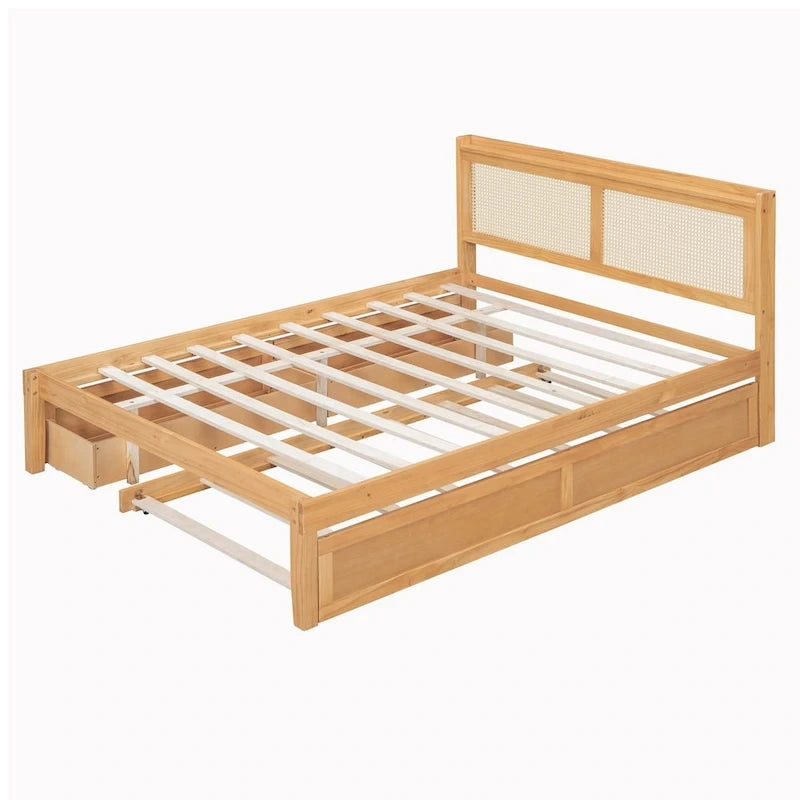 Walnut/White Rattan Headboard Storage Bed with LED & USB, Queen/Full, 2-Person