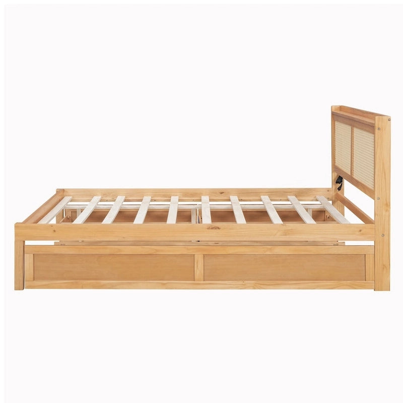 Walnut/White Rattan Headboard Storage Bed with LED & USB, Queen/Full, 2-Person