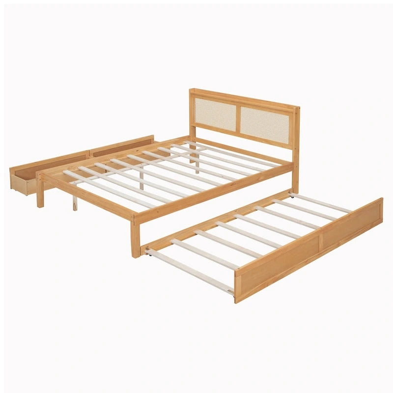 Walnut/White Rattan Headboard Storage Bed with LED & USB, Queen/Full, 2-Person