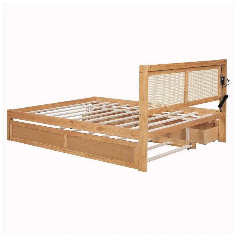 Walnut/White Rattan Headboard Storage Bed with LED & USB, Queen/Full, 2-Person
