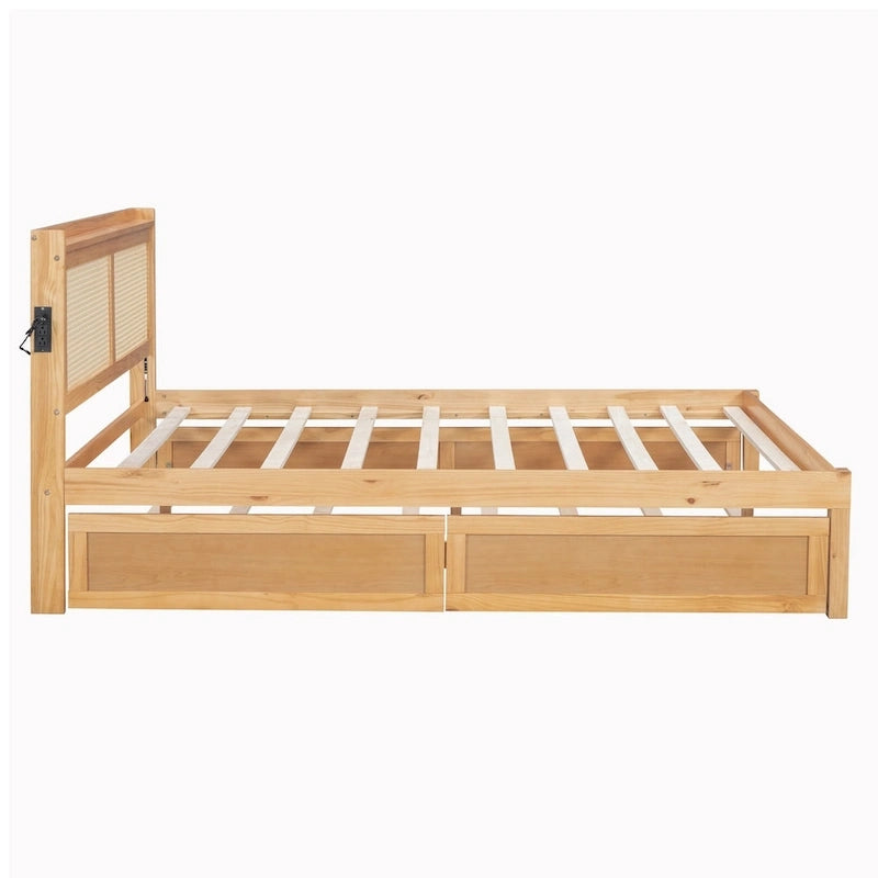 Walnut/White Rattan Headboard Storage Bed with LED & USB, Queen/Full, 2-Person