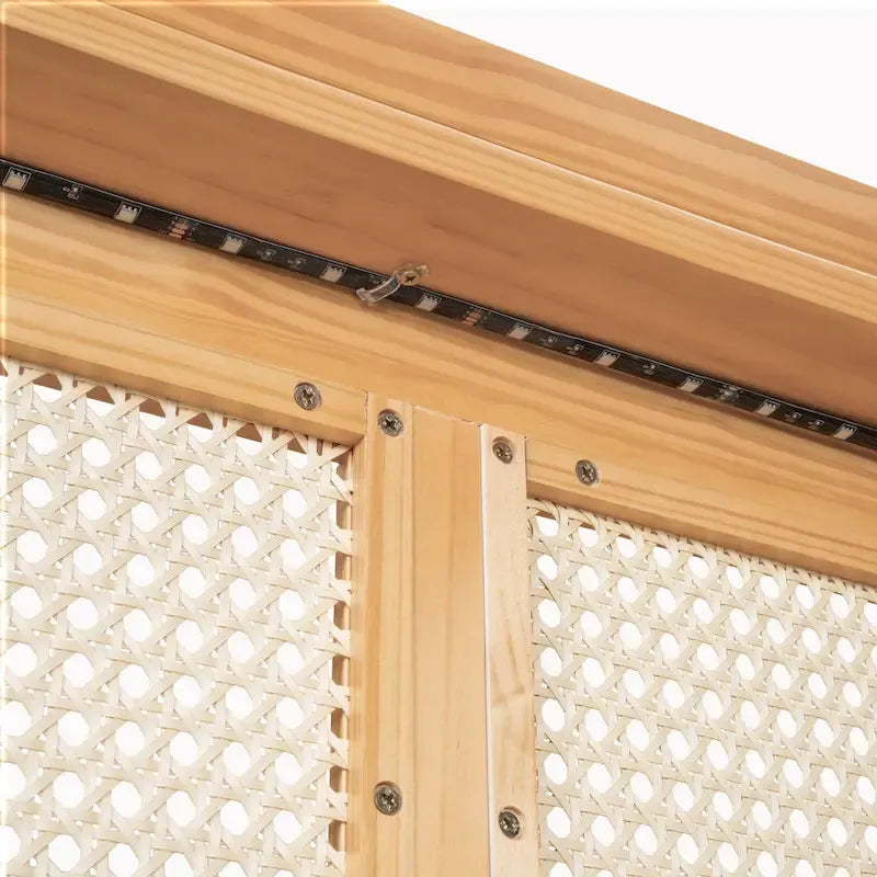 Walnut/White Rattan Headboard Storage Bed with LED & USB, Queen/Full, 2-Person