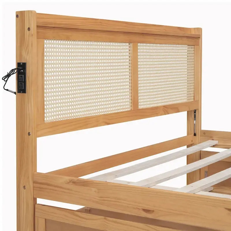 Walnut/White Rattan Headboard Storage Bed with LED & USB, Queen/Full, 2-Person
