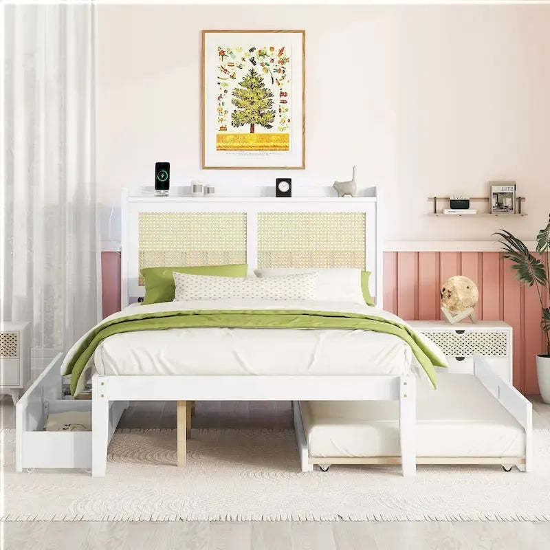 Walnut/White Rattan Headboard Storage Bed with LED & USB, Queen/Full, 2-Person