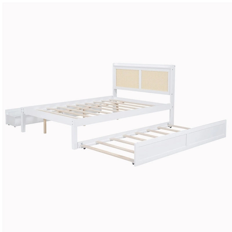 Walnut/White Rattan Headboard Storage Bed with LED & USB, Queen/Full, 2-Person
