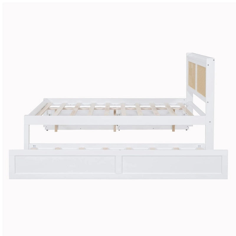Walnut/White Rattan Headboard Storage Bed with LED & USB, Queen/Full, 2-Person