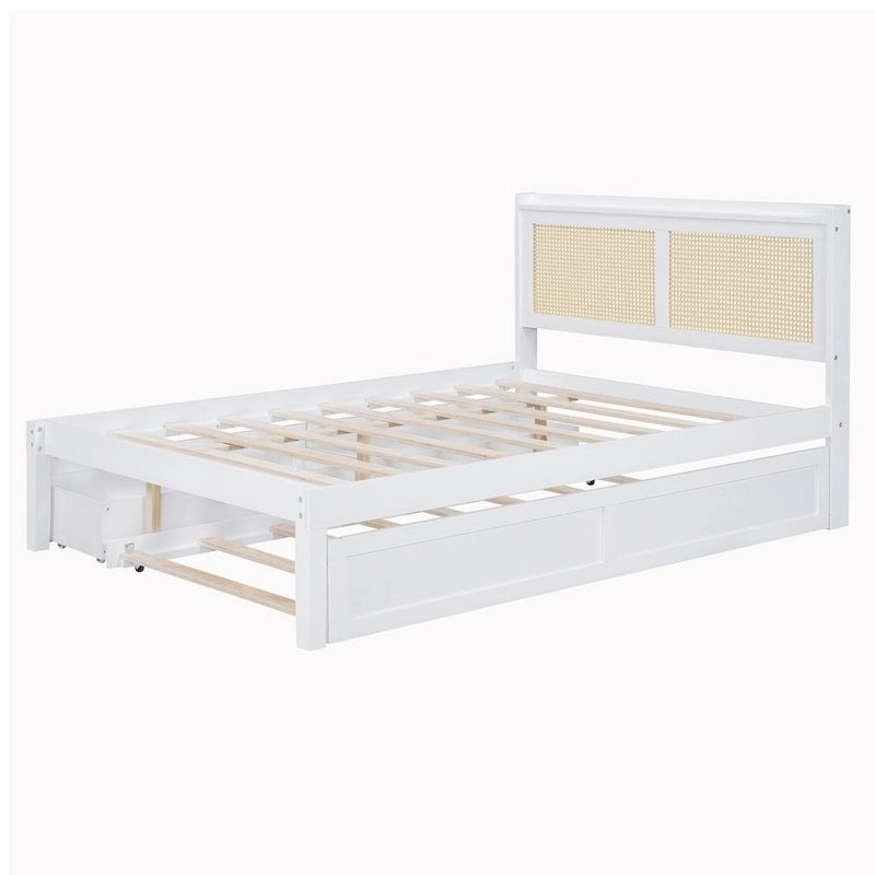 Walnut/White Rattan Headboard Storage Bed with LED & USB, Queen/Full, 2-Person
