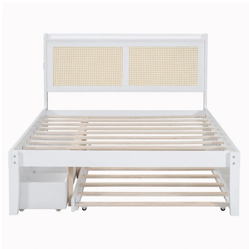 Walnut/White Rattan Headboard Storage Bed with LED & USB, Queen/Full, 2-Person