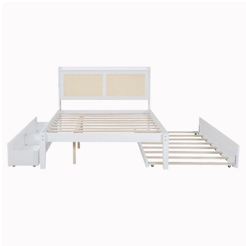 Walnut/White Rattan Headboard Storage Bed with LED & USB, Queen/Full, 2-Person