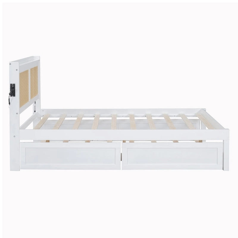 Walnut/White Rattan Headboard Storage Bed with LED & USB, Queen/Full, 2-Person