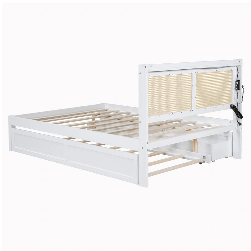 Walnut/White Rattan Headboard Storage Bed with LED & USB, Queen/Full, 2-Person