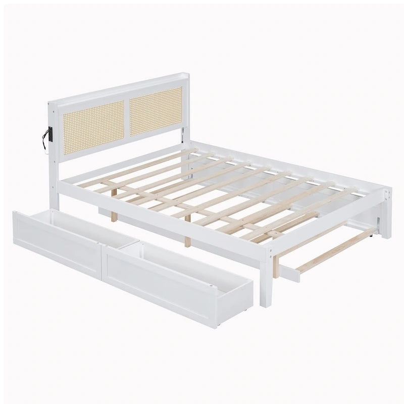 Walnut/White Rattan Headboard Storage Bed with LED & USB, Queen/Full, 2-Person