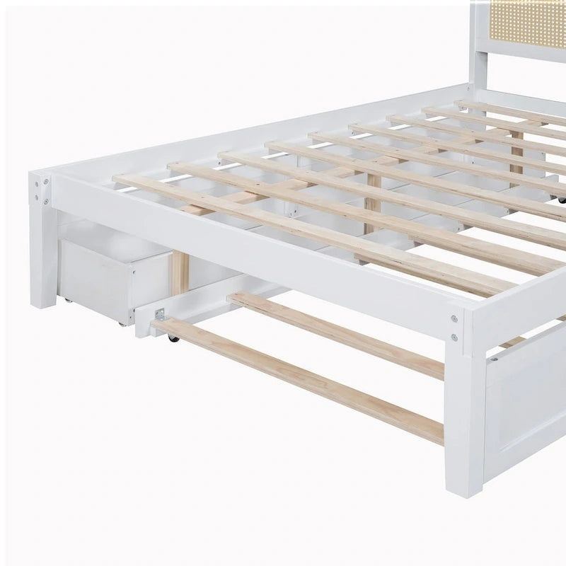Walnut/White Rattan Headboard Storage Bed with LED & USB, Queen/Full, 2-Person